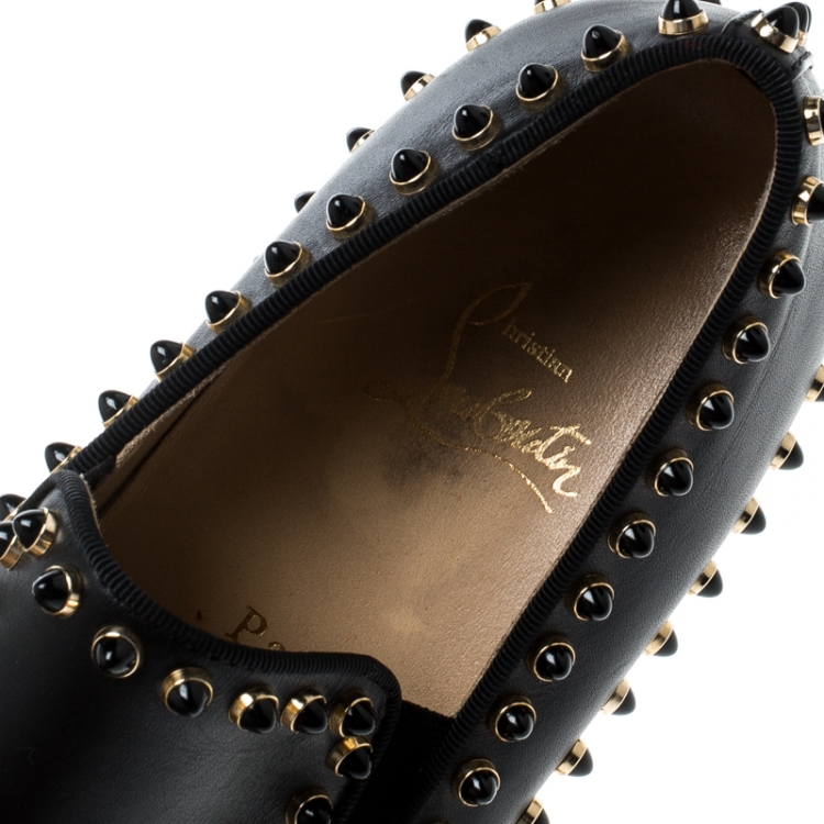 Pre Owned Christian Louboutin Black Leather Spike Pik Boat Slip On Sneakers Size 36