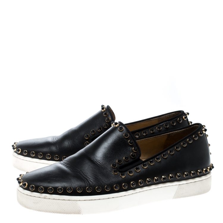 Pre Owned Christian Louboutin Black Leather Spike Pik Boat Slip On Sneakers Size 36
