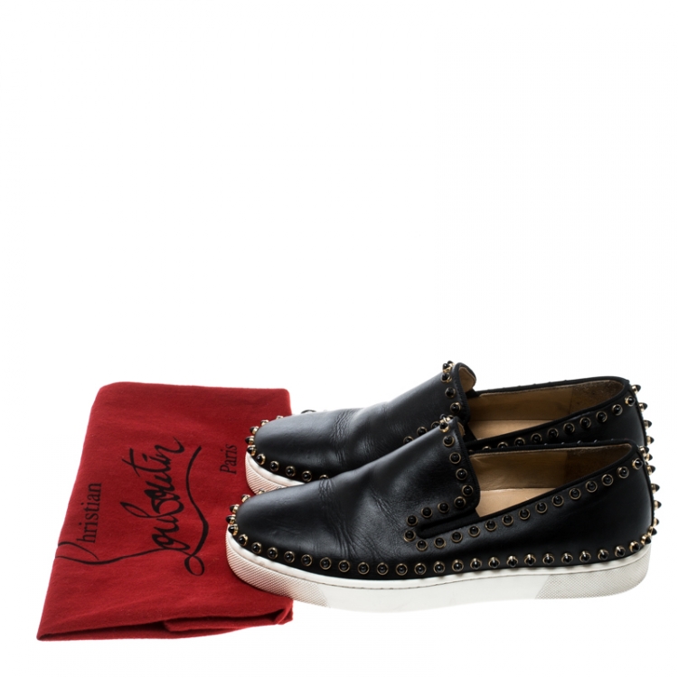 Pre Owned Christian Louboutin Black Leather Spike Pik Boat Slip On Sneakers Size 36