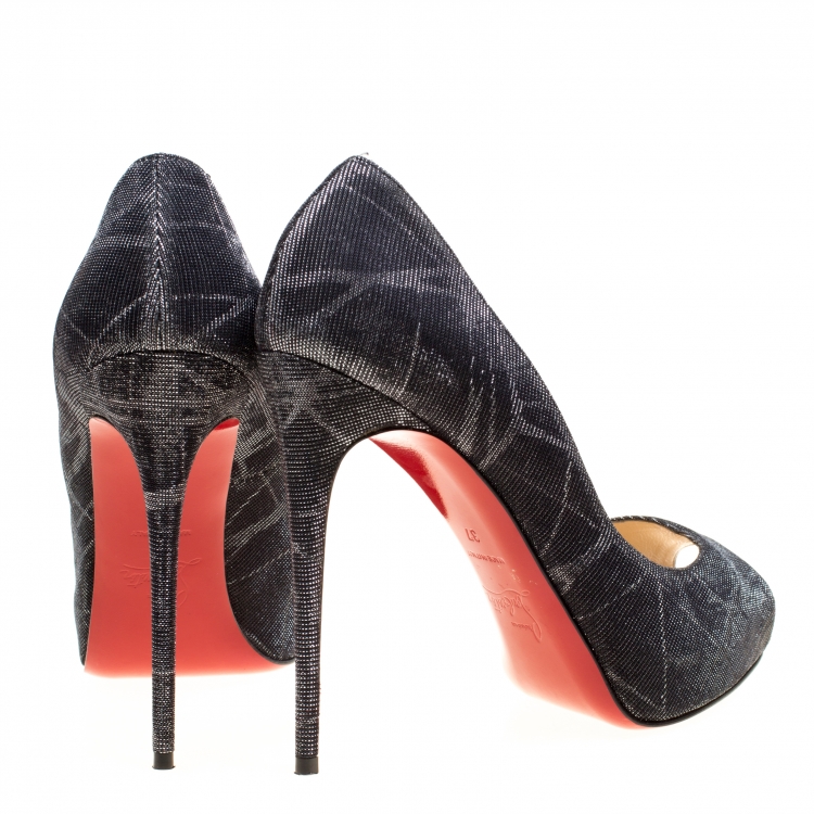 Pre Owned Christian Louboutin Metallic Grey Tissu Etincelle New Very Prive Peep Toe Platform Pumps Size 37