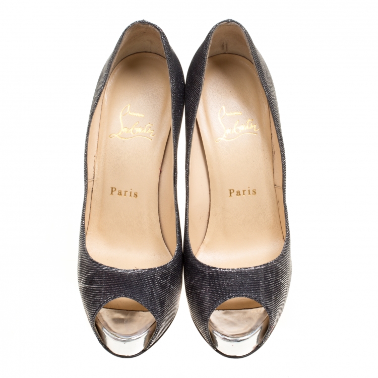 Pre Owned Christian Louboutin Metallic Grey Tissu Etincelle New Very Prive Peep Toe Platform Pumps Size 37