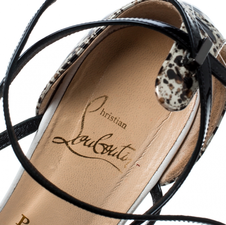 Pre Owned Christian Louboutin Tricolor Splatter Print Patent Leather and Suede Monocronana Cross Strap Spike Sandals Size 38.5
