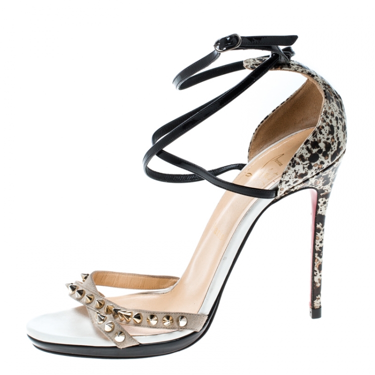 Pre Owned Christian Louboutin Tricolor Splatter Print Patent Leather and Suede Monocronana Cross Strap Spike Sandals Size 38.5