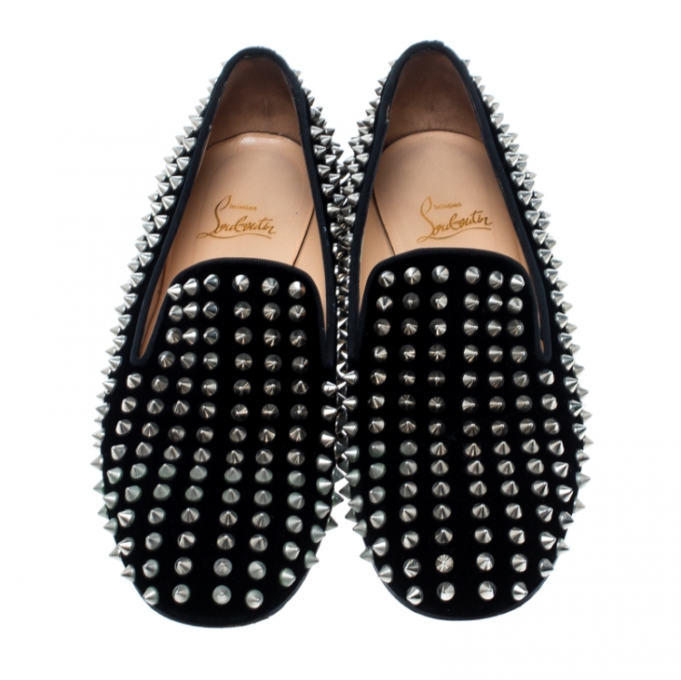 Pre Owned Christian Louboutin Black Velvet Rollerboy Spikes Flat Size 39