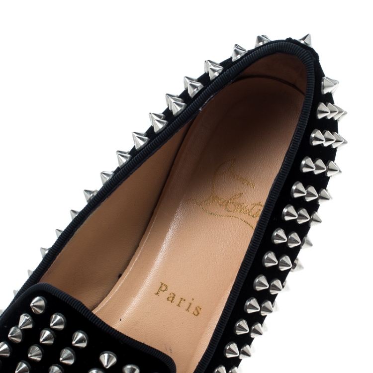 Pre Owned Christian Louboutin Black Velvet Rollerboy Spikes Flat Size 39