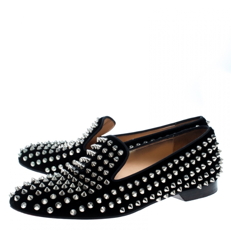 Pre Owned Christian Louboutin Black Velvet Rollerboy Spikes Flat Size 39