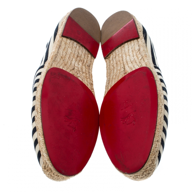 Pre Owned Christian Louboutin Black/White Striped Canvas Gala Embroidered Crest Espadrille Loafers Size 40