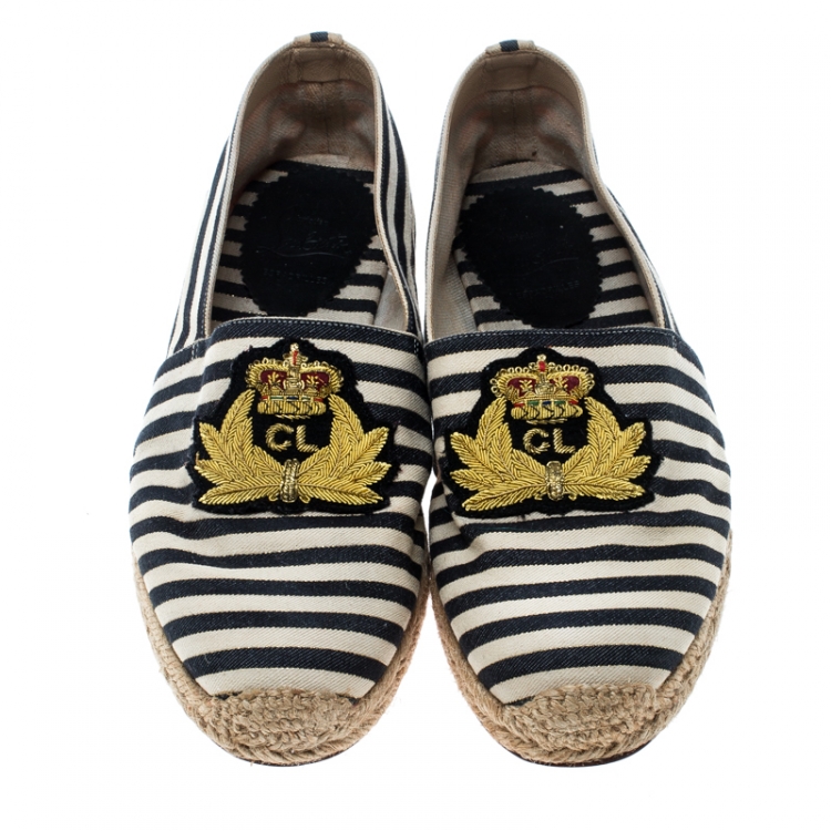 Pre Owned Christian Louboutin Black/White Striped Canvas Gala Embroidered Crest Espadrille Loafers Size 40