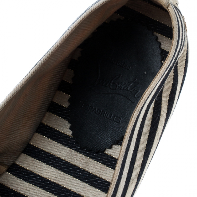 Pre Owned Christian Louboutin Black/White Striped Canvas Gala Embroidered Crest Espadrille Loafers Size 40
