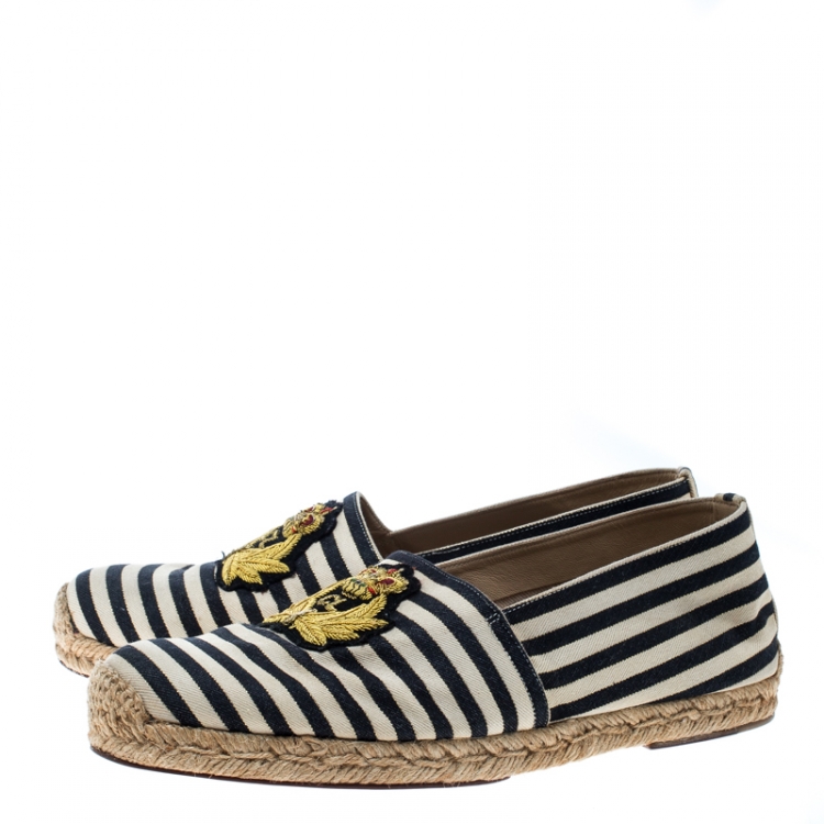 Pre Owned Christian Louboutin Black/White Striped Canvas Gala Embroidered Crest Espadrille Loafers Size 40