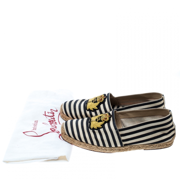 Pre Owned Christian Louboutin Black/White Striped Canvas Gala Embroidered Crest Espadrille Loafers Size 40