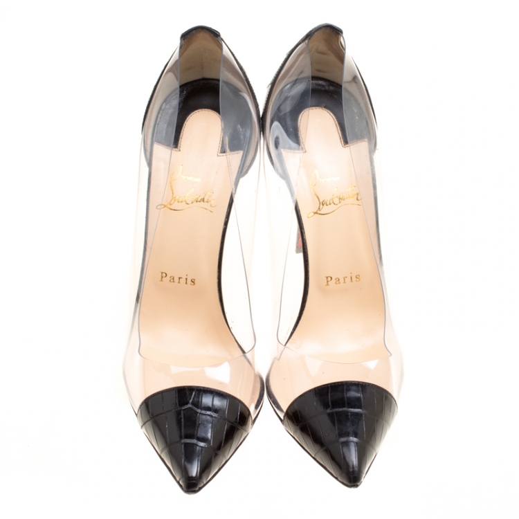 Pre Owned Christian Louboutin Black Croc Embossed Leather and PVC Debout Pointed Toe Pumps Size 39