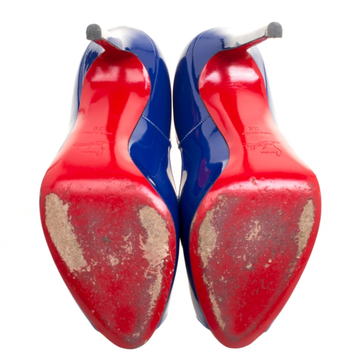 مملوكة مسبقًا Christian Louboutin Blue Patent Leather Flo Peep Toe Pumps Size 39