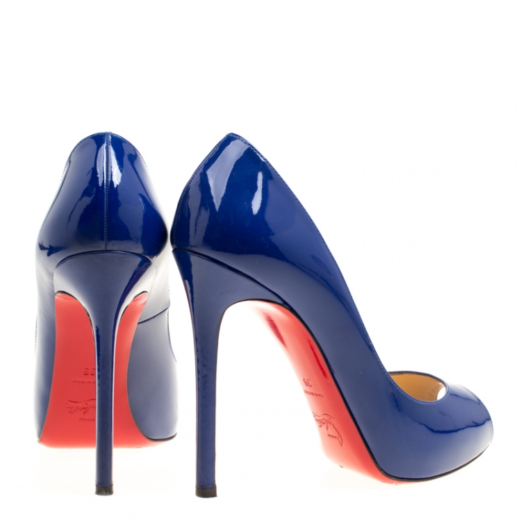 مملوكة مسبقًا Christian Louboutin Blue Patent Leather Flo Peep Toe Pumps Size 39