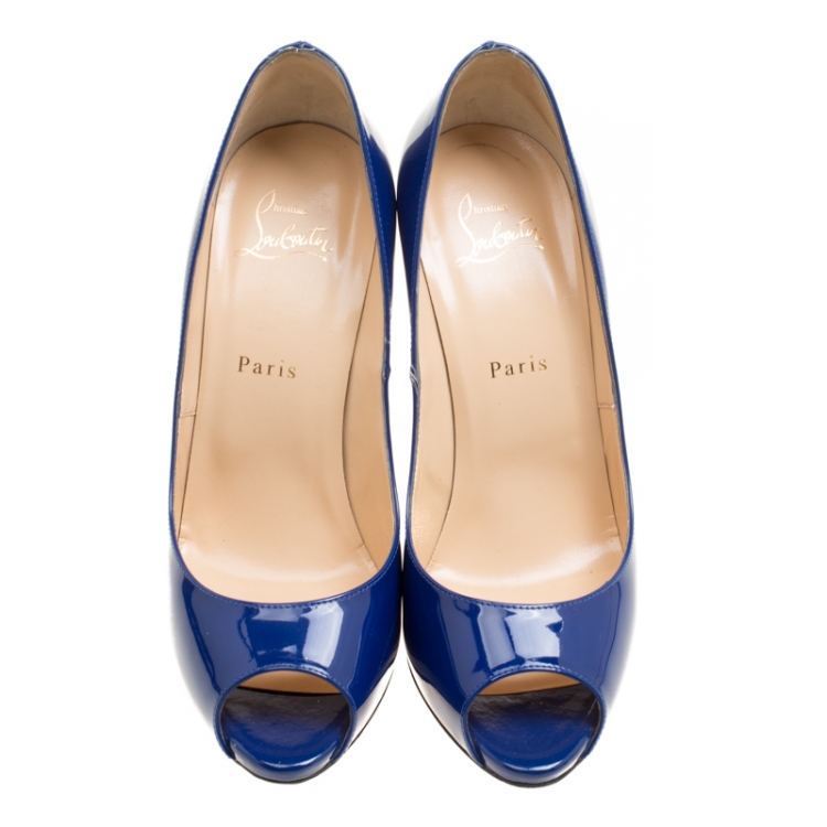 مملوكة مسبقًا Christian Louboutin Blue Patent Leather Flo Peep Toe Pumps Size 39