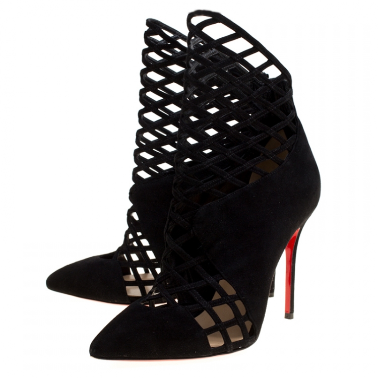 Pre Owned Christian Louboutin Black Suede Mrs Bouglione Cage Ankle Boots Size 36.5