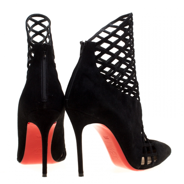 Pre Owned Christian Louboutin Black Suede Mrs Bouglione Cage Ankle Boots Size 36.5
