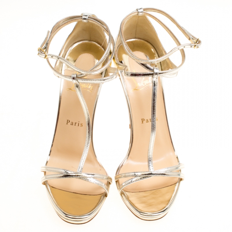 Pre Owned  Christian Louboutin Metallic Light Gold Leather Benedetta T Strap Sandals Size 39