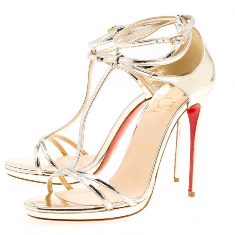 Pre Owned  Christian Louboutin Metallic Light Gold Leather Benedetta T Strap Sandals Size 39