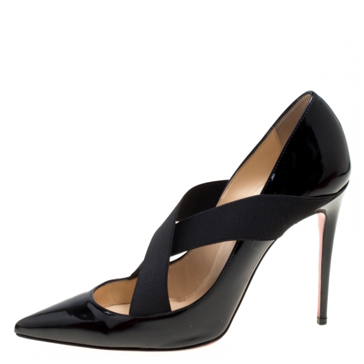 Pre Owned Christian Louboutin Black Patent Leather Sharpstagram Cross Strap Pointed Toe Pumps Size 37.5
