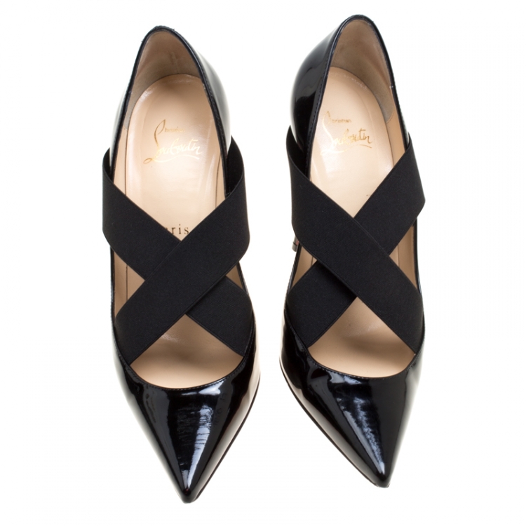 Pre Owned Christian Louboutin Black Patent Leather Sharpstagram Cross Strap Pointed Toe Pumps Size 37.5
