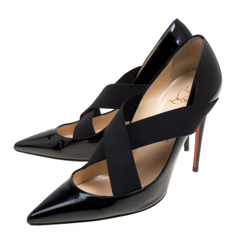 Pre Owned Christian Louboutin Black Patent Leather Sharpstagram Cross Strap Pointed Toe Pumps Size 37.5