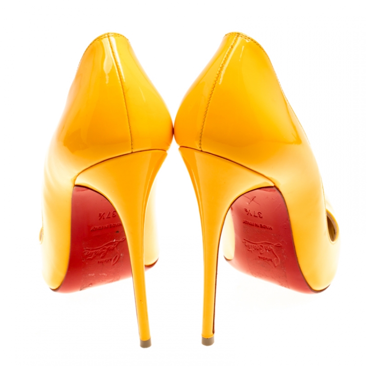 Pre Owned Christian Louboutin Mustard Yellow Patent Leather Pigalle Pointed Toe Pumps Size 37.5