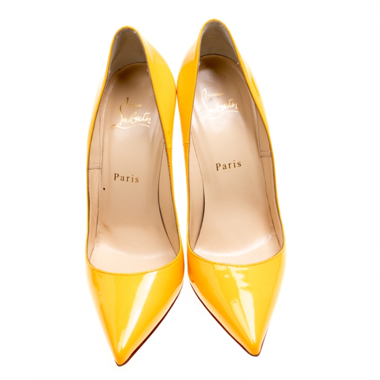 Pre Owned Christian Louboutin Mustard Yellow Patent Leather Pigalle Pointed Toe Pumps Size 37.5