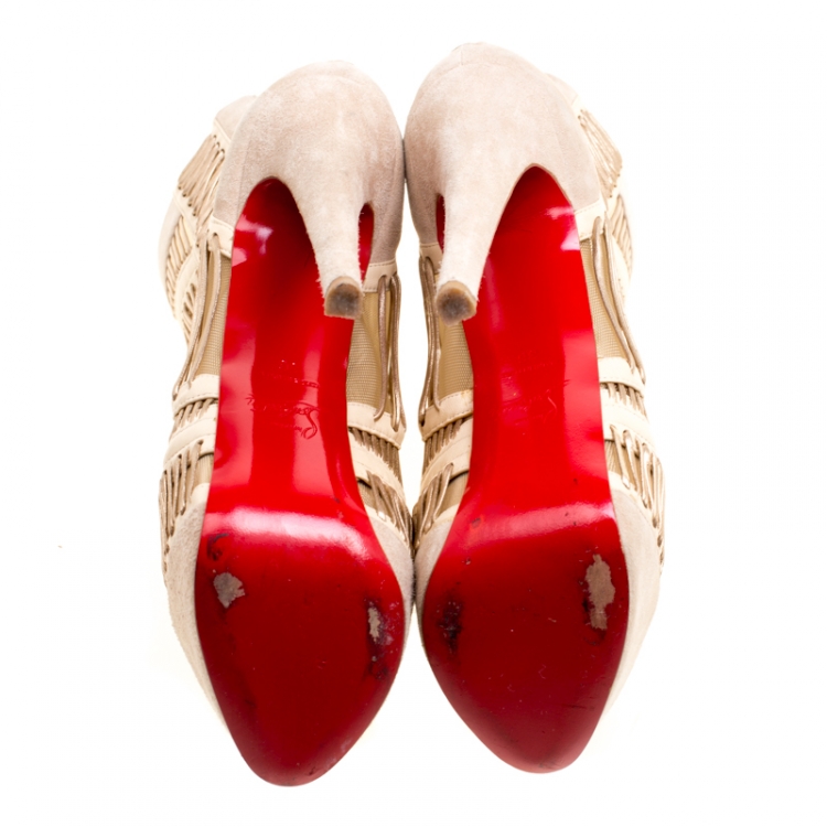 Pre Owned Christian Louboutin Beige Suede and Leather Peep Toe Platform Ankle Boots Size 36