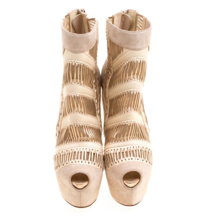Pre Owned Christian Louboutin Beige Suede and Leather Peep Toe Platform Ankle Boots Size 36