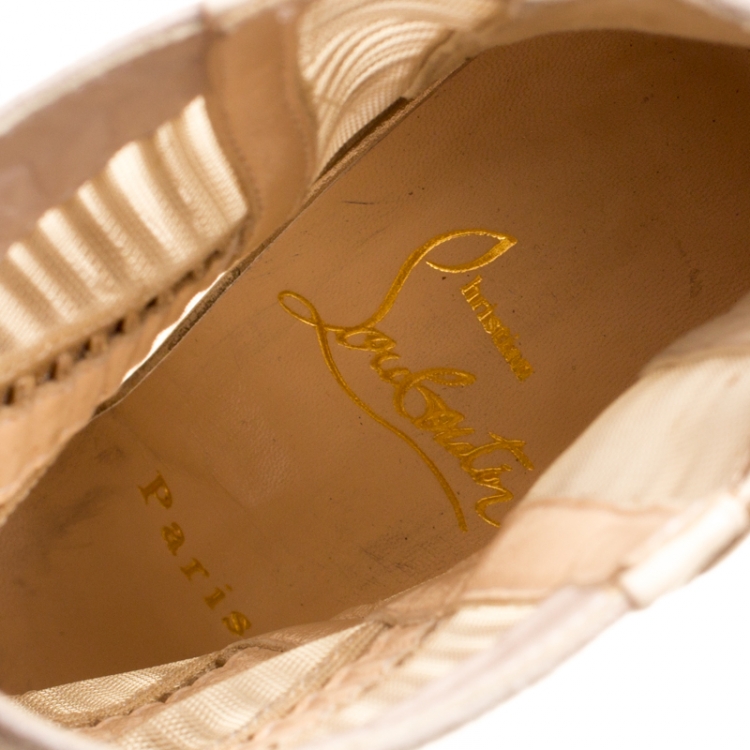 Pre Owned Christian Louboutin Beige Suede and Leather Peep Toe Platform Ankle Boots Size 36