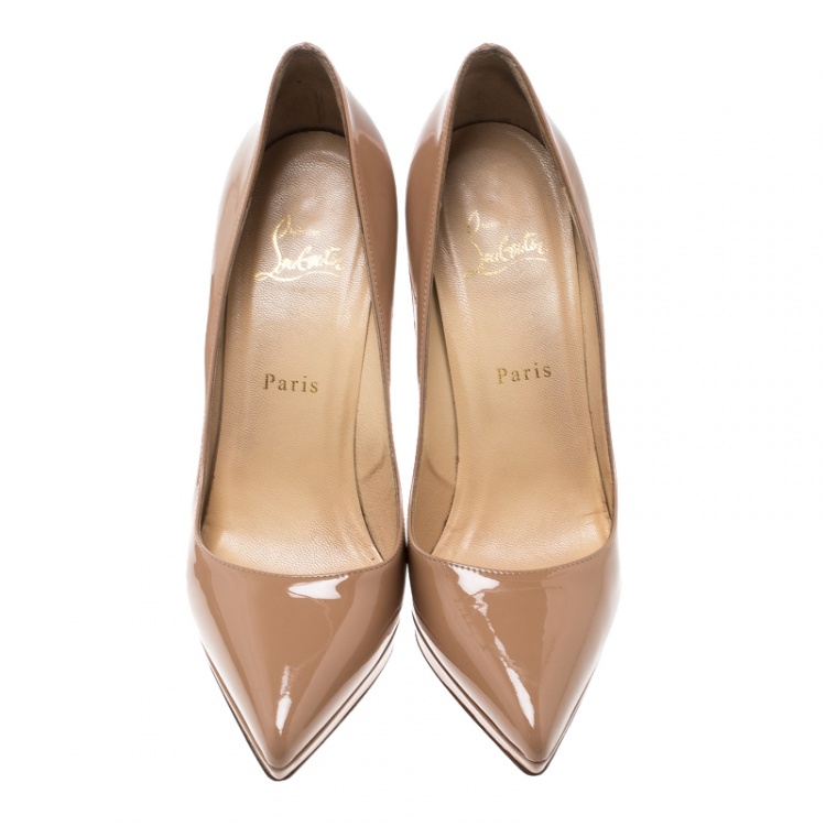 Pre Owned Christian Louboutin Beige Patent Leather Pigalle Plato Pumps Size 38.5
