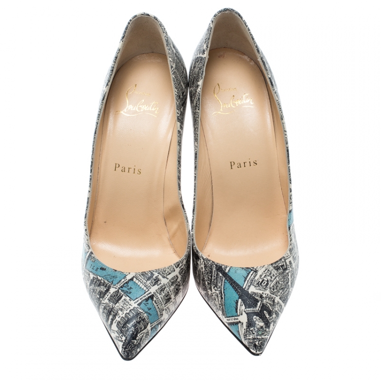 Pre Owned Christian Louboutin Monochrome Paris Map Print Leather Decollete Pointed Toe Pumps Size 37