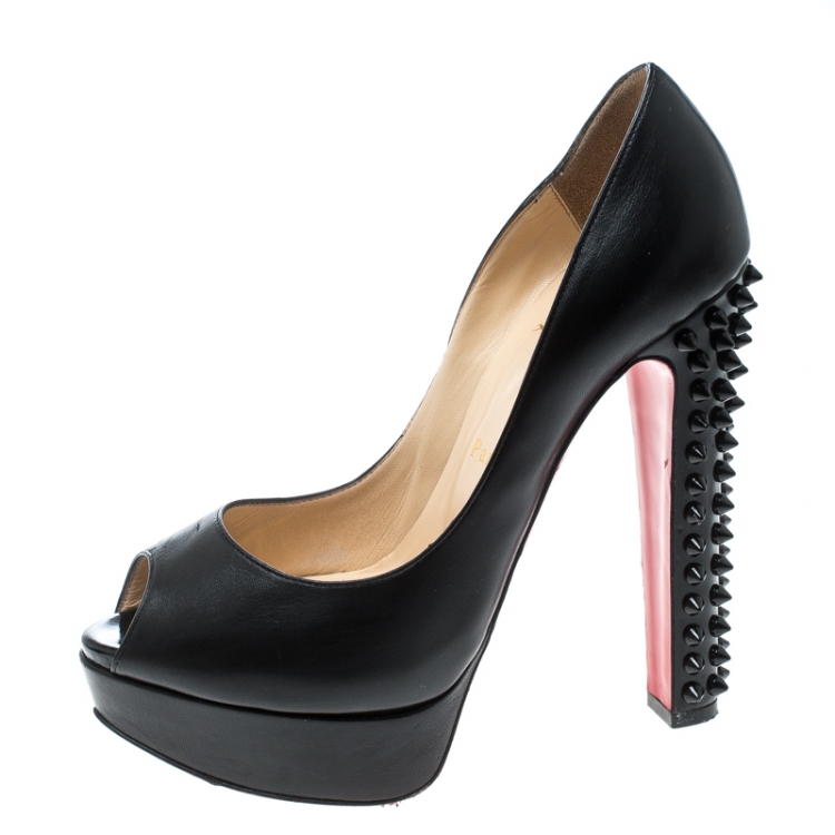 Pre Owned Christian Louboutin Black Leather Spike Embellished Heel Peep Toe Platform Pumps Size 37.5