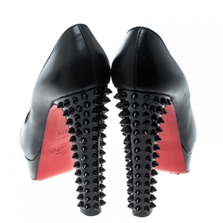 Pre Owned Christian Louboutin Black Leather Spike Embellished Heel Peep Toe Platform Pumps Size 37.5