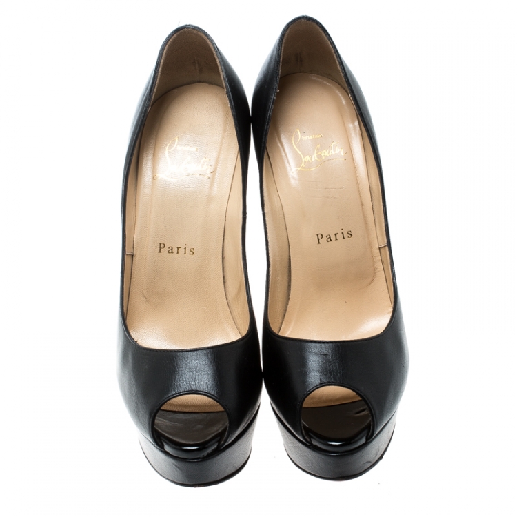 Pre Owned Christian Louboutin Black Leather Spike Embellished Heel Peep Toe Platform Pumps Size 37.5