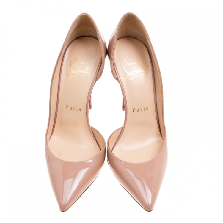 Pre Owned Christian Louboutin Beige Patent Leather Iriza D'orsay Pointed Toe Pumps Size 34