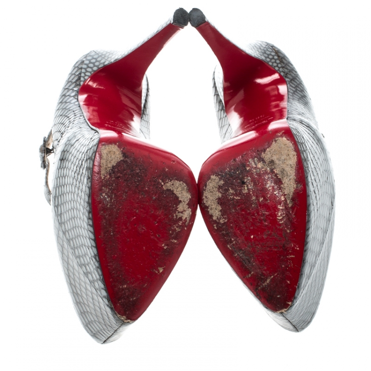 Pre Owned Christian Louboutin Grey Snakeskin Leather Lady Daf Mary Jane Platform Pumps Size 39.5