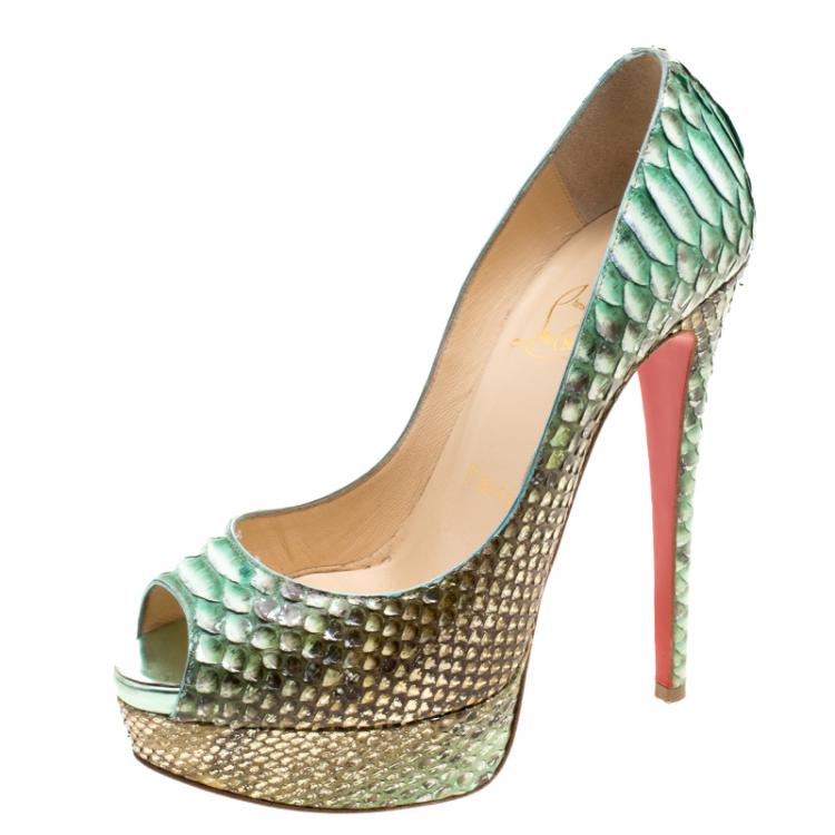 Pre Owned Christian Louboutin Two Tone Metallic Python Scarabee Lady Peep Toe Platform Pumps Size 37