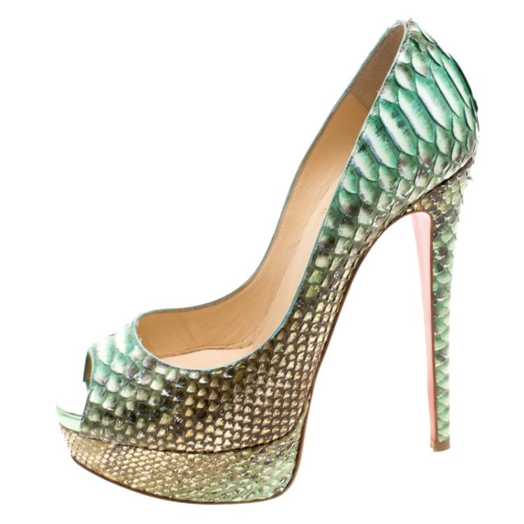 Pre Owned Christian Louboutin Two Tone Metallic Python Scarabee Lady Peep Toe Platform Pumps Size 37