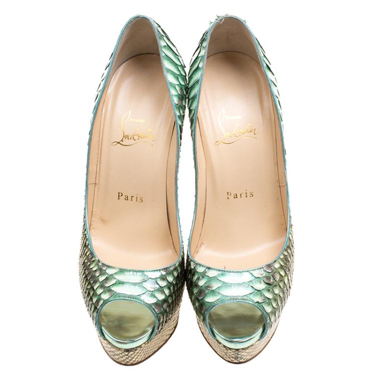Pre Owned Christian Louboutin Two Tone Metallic Python Scarabee Lady Peep Toe Platform Pumps Size 37