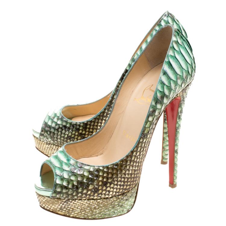 Pre Owned Christian Louboutin Two Tone Metallic Python Scarabee Lady Peep Toe Platform Pumps Size 37