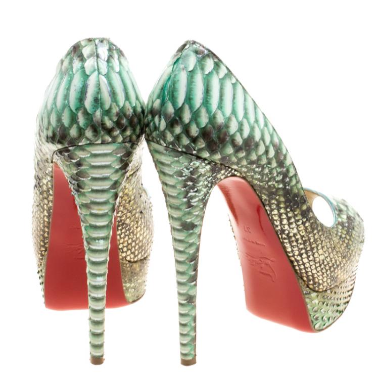 Pre Owned Christian Louboutin Two Tone Metallic Python Scarabee Lady Peep Toe Platform Pumps Size 37