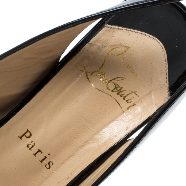 Pre Owned Christian Louboutin Black Patent Leather Lady Peep Toe Platform Slingback Sandals Size 37.5