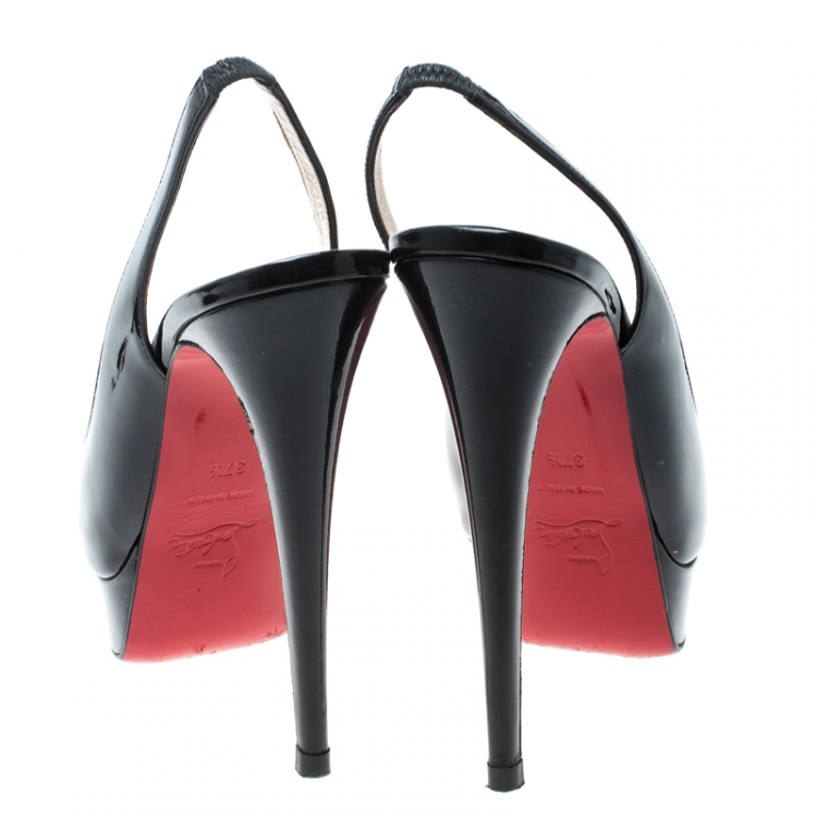 Pre Owned Christian Louboutin Black Patent Leather Lady Peep Toe Platform Slingback Sandals Size 37.5