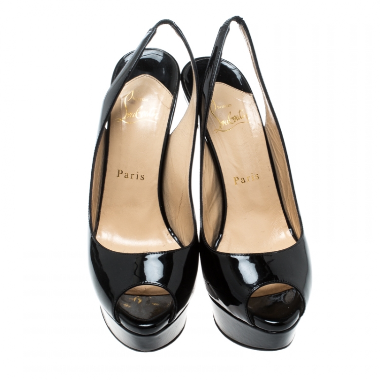 Pre Owned Christian Louboutin Black Patent Leather Lady Peep Toe Platform Slingback Sandals Size 37.5