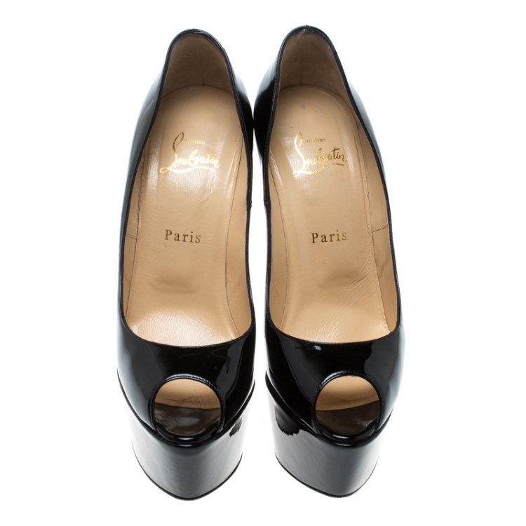 Pre Owned Christian Louboutin Black Patent Jamie Peep Toe Platform Pumps Size 38.5