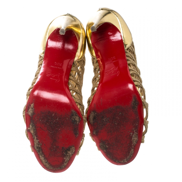 Pre Owned Christian Louboutin Gold Glitter and Leather Gladiator Caged Booties Size 38.5