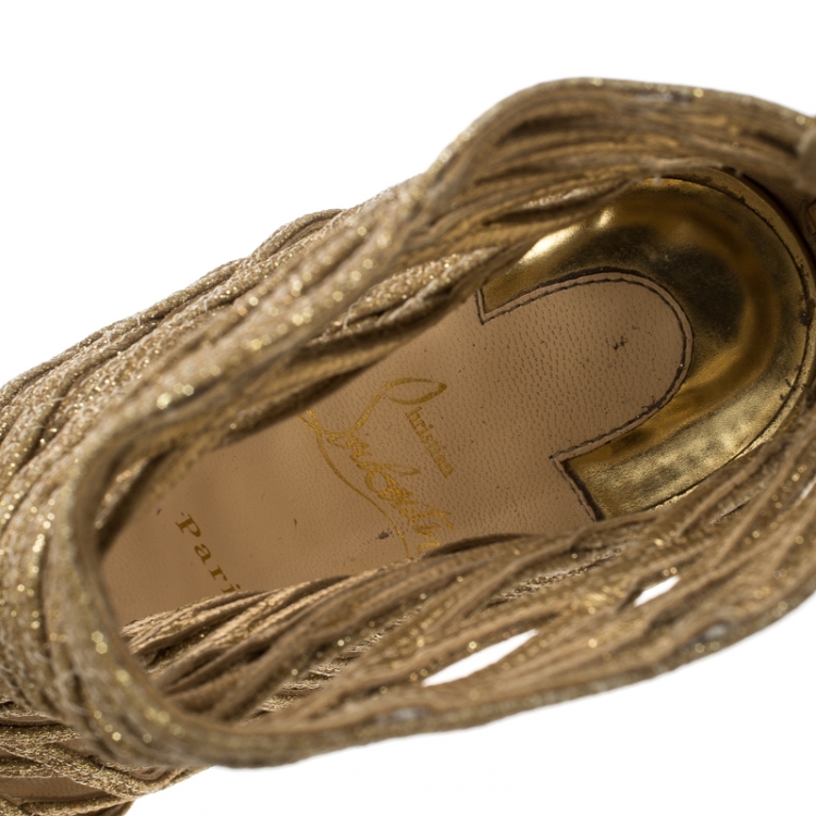 Pre Owned Christian Louboutin Gold Glitter and Leather Gladiator Caged Booties Size 38.5