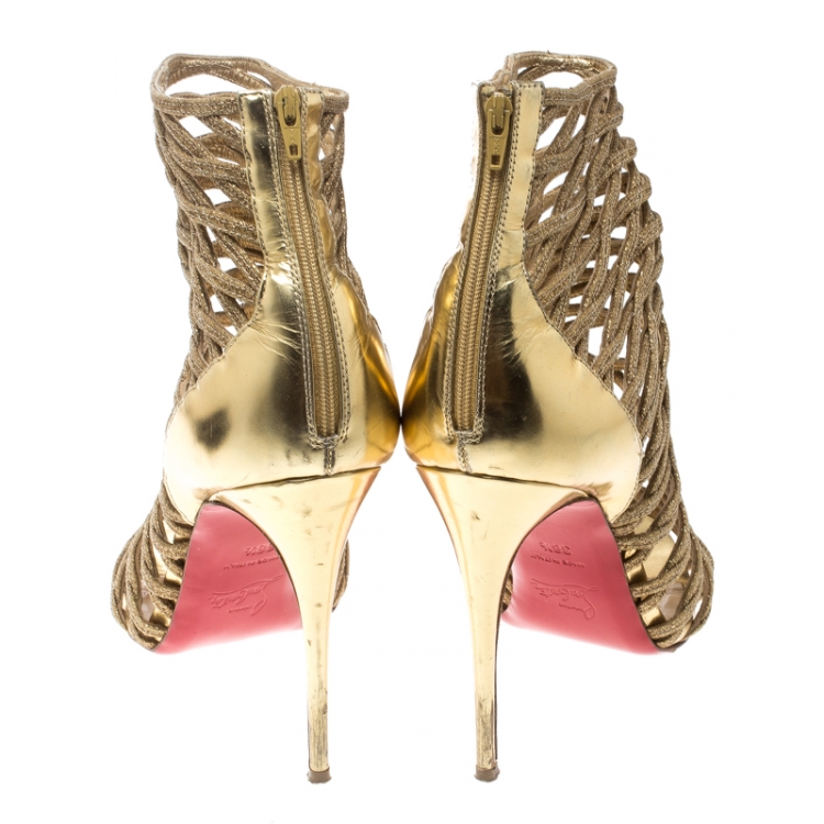 Pre Owned Christian Louboutin Gold Glitter and Leather Gladiator Caged Booties Size 38.5